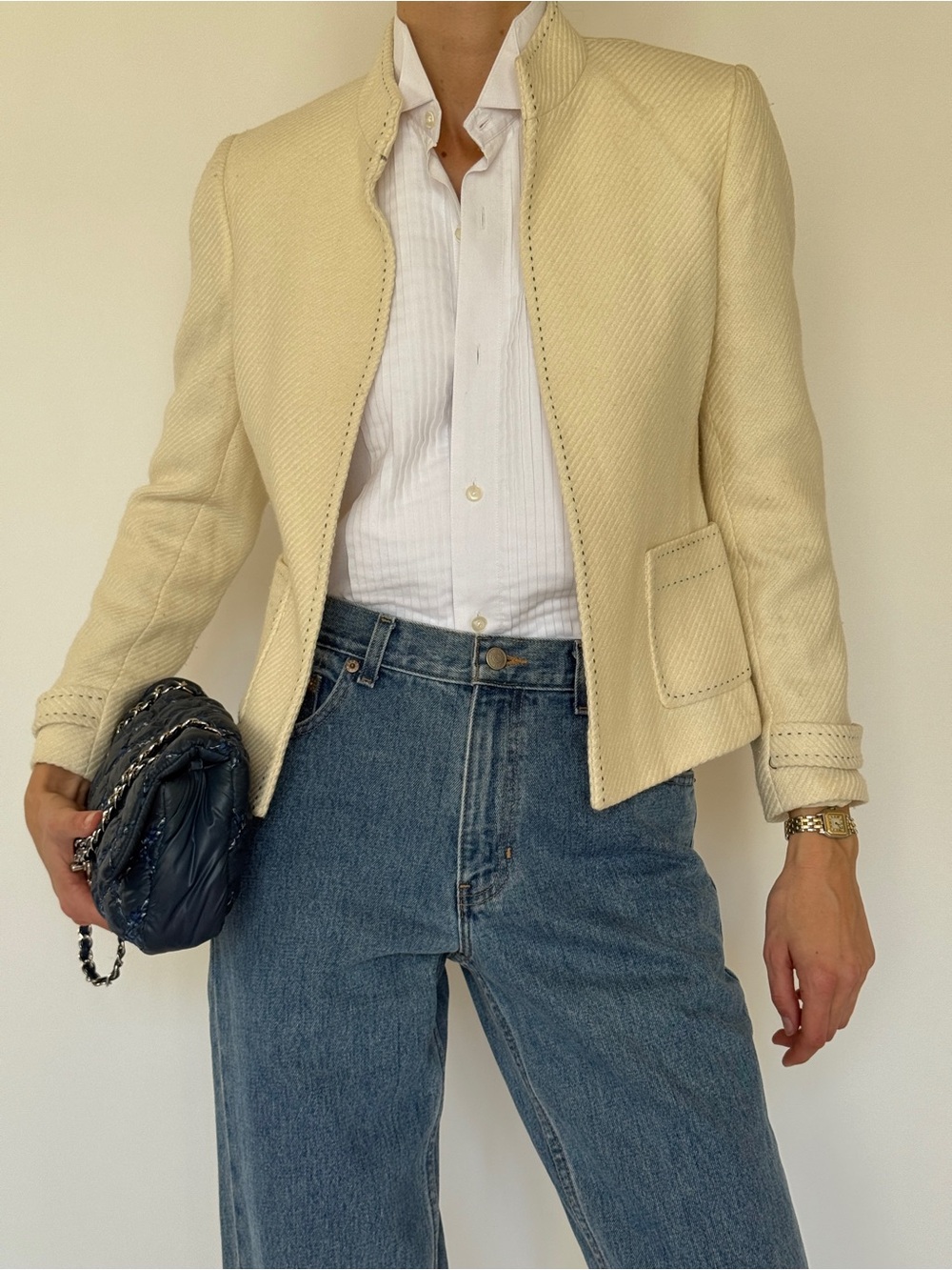 Tahari Cream Collarless Textured Jacket